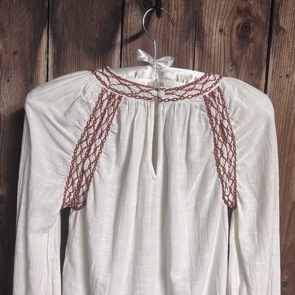 Faherty Arles Brown Embroidered Peasant Blouse White Balloon Sleeve Boho Sz XS - Picture 11 of 12